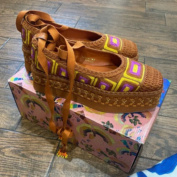 FARM Rio Brown Platform Espadrilles with Yellow & Purple Accents - Picture 4 of 16